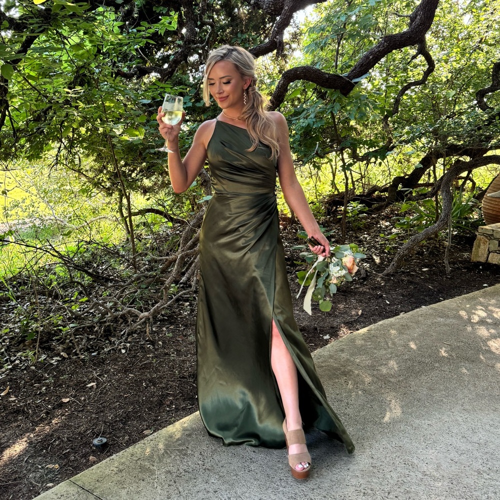 David’sBridal. Martini Olive. one shoulder dress. Size 2. No alt.